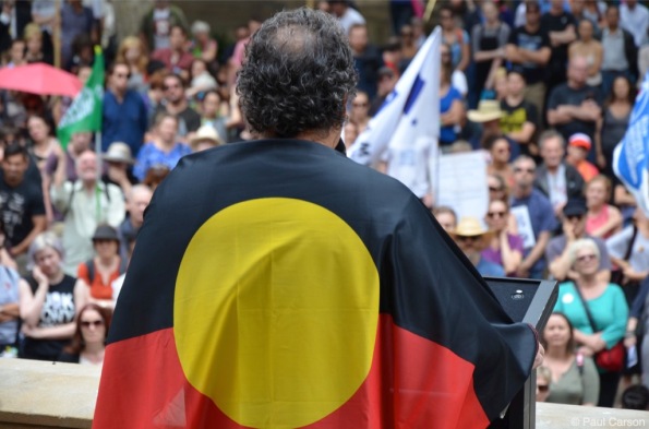 Indigenous activist and poet Ken Canning addressing the March In March rally at Town Hall in Sydney.